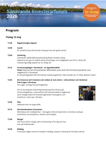 Preliminärt program Sörmlands Investerarforum 2026